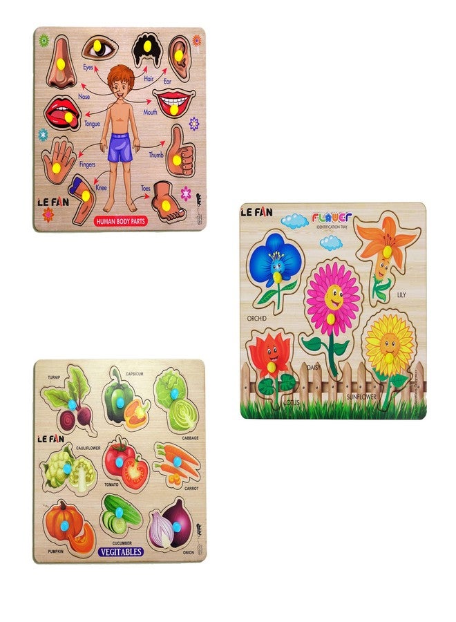 Lefan® Kids Fort Pre Nursery Educational Jigsaw Puzzles for Adults Kids Learning Toys Kit Board Game 3 pcs Set of Human Body Parts Flower & Vegetables Educational Toy - Image 1